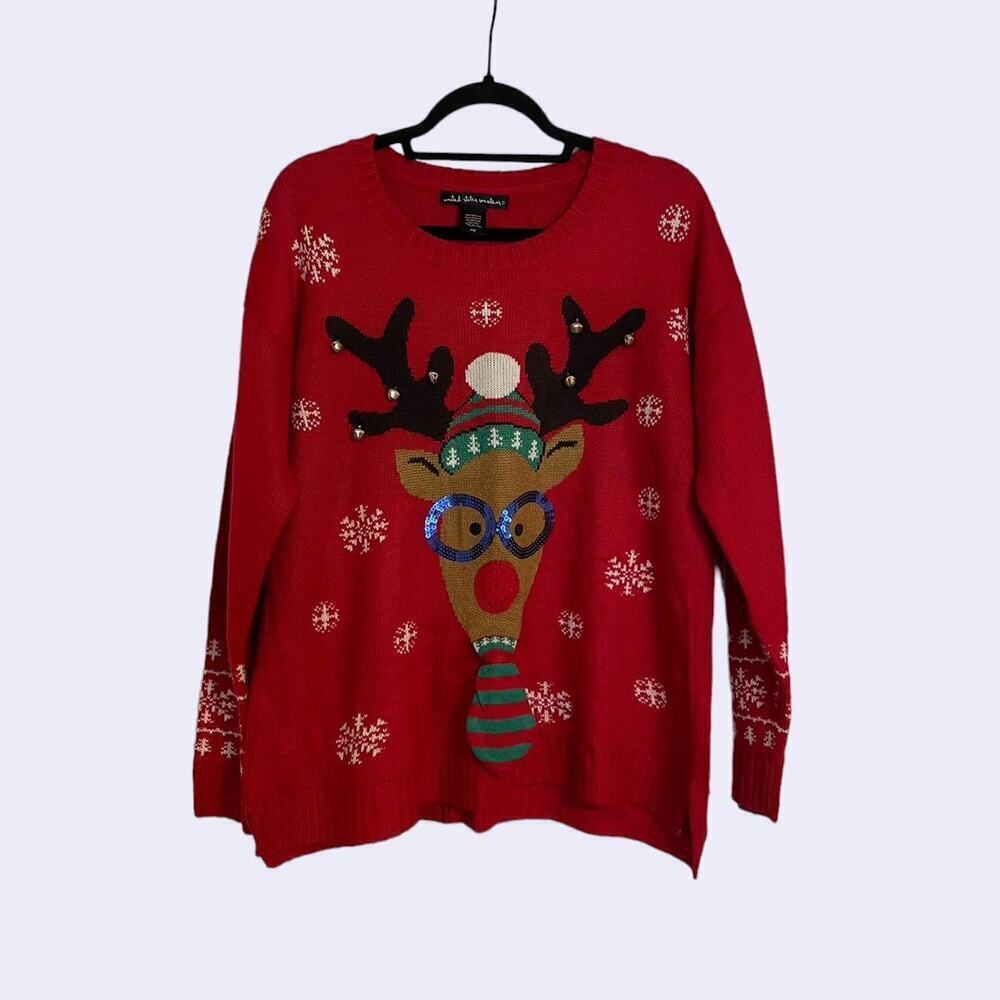 Red Christmas Sweater Reindeer Sequins Bells Size M​​​​